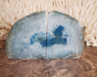 Dyed Blue Agate Geode Bookends: Polished Quartz, 2 lbs