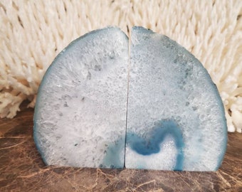 Teal Blue Agate Bookends: Polished Geode Quartz, 1.9 lbs