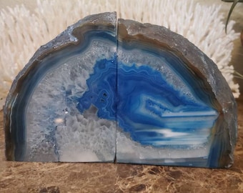 Boekensteunen met blauwe agaatgeode: gepolijste kwartskristal boeksteunen (5,5 pond)