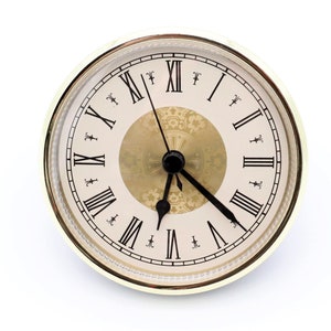 May include: A gold-rimmed clock face with Roman numeral markings and black hands. The clock face has a decorative pattern in the center.