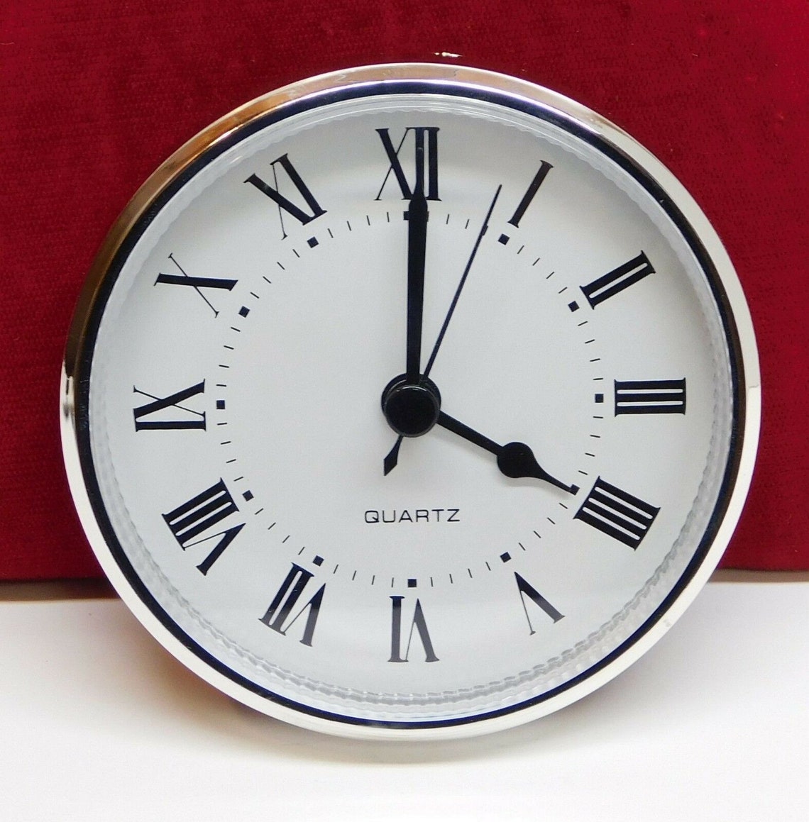 2 3/4 Inch Quartz Clock Movement Insert With White Roman Numerals & Silver Rim - Fit Up To 70mm Hole