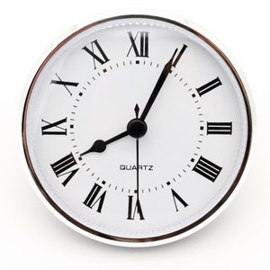 May include: A white clock face with black Roman numeral hour markers and black hands. The clock face is surrounded by a silver-colored bezel. The clock face reads "QUARTZ".