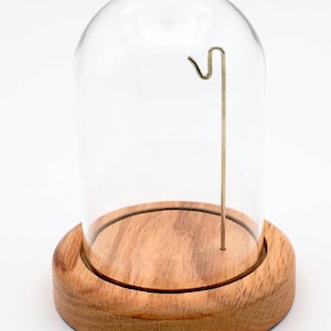 May include: A clear glass cloche with a wooden base and a metal hook inside. The cloche is dome-shaped, and the base is a light brown color. The metal hook is thin and has a curved end. The cloche is designed for displaying small items.