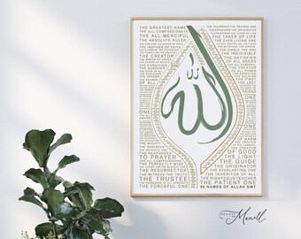 99 Names of Allah swt with Meaning | Calligraphy Wall Art | Asma Ul Husna | Islamic Poster Print