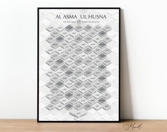 May include: A framed print featuring the words "AL ASMA UL HUSNA" and "THE BEAUTIFUL ATTRIBUTES OF ALLAH" in English and Arabic. The artwork displays a geometric pattern of gray and white hexagonal shapes, each containing Arabic text.