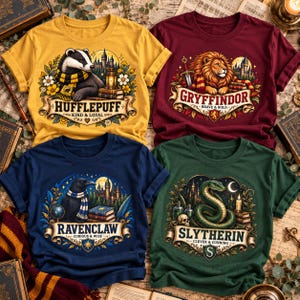 May include: Four t-shirts in yellow, maroon, navy blue, and dark green. Each features a house crest illustration with animals: a badger, lion, raven, and snake. Text includes Hufflepuff, Gryffindor, Ravenclaw, and Slytherin with house mottos.