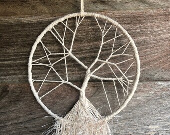 purple wood beads hemp Tree of Life Macrame Wall Hanging with lepidolite healing crystal 32cm x 75cm natural cotton purple feathers.