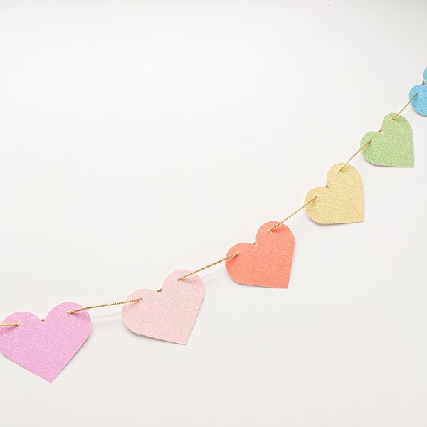 Pastel rainbow heart garland | glitter heart banner, Valentine's Day garland, Valentine party decorations, rainbow heart party decorations