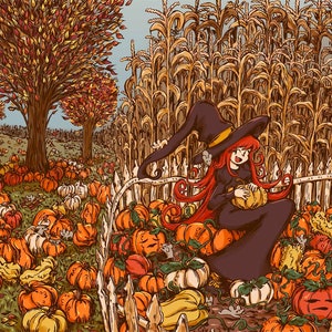 May include: A witch wearing a black dress and a pointed hat sits in a pumpkin patch. She is holding a pumpkin and smiling. There are corn stalks in the background.