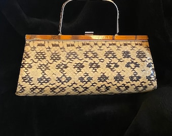 Vintage Rare Genuine Snakeskin Top Handle Purse Cream and Black 1940s 1950s