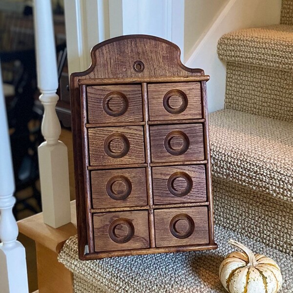 Antique Oak 8 Drawer Spice Cabinet Wall Box Apothecary Primitive Farmhouse Country Decor