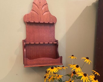 Vintage Walnut Handmade 12 Slot Spoon Rack w/Shelf and Decorative Carving Country Farmhouse