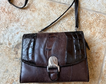 Vintage Brighton Smooth & Croc Embossed Brown Leather Shoulder Bag Crossbody Purse Adjustable Strap 1980s