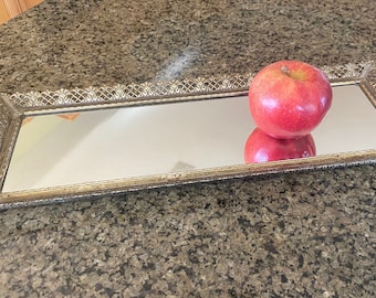 Vintage Gold Brass Filigree Mirrored Vanity Perfume Dresser Tray Mid Century Hollywood Regency Glam