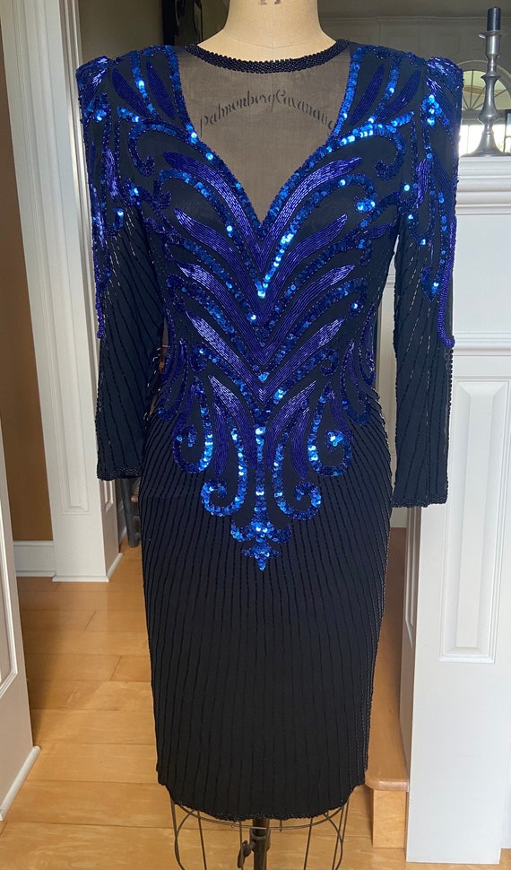 Vintage A. J. Bari Sequin Beaded Blue and Black Fo