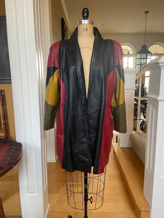 Vintage 80s Pelle Leather Coat Color Block Sleeves