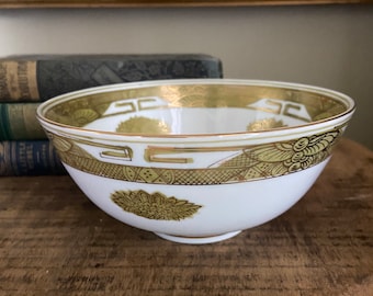 Vintage Japanese Bowl White Porcelain Gold Hand Painted Design marked LJ