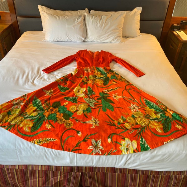 Vintage Mid Century Orange Maxi Dress Hostess Gown Dress Mod Floral Pattern Full Skirt Fitted Waist Hawaiian Theme 1960s-70s