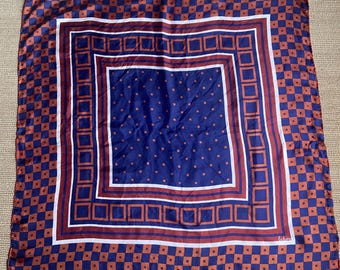 Vintage Echo Silk Scarf, Navy Blue & Cinnamon Geometric Print