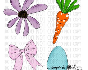 Ensemble de cliparts de Pâques, PNG, carotte, fleur, oeuf, noeud, aquarelle