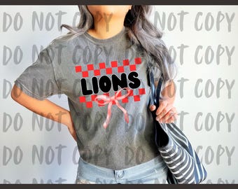 Lion à damier avec noeud de coquette PNG : Clipart rétro grunge (téléchargement numérique)