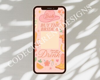 Compra una bebida para la novia Código QR Venmo Historia de Instagram Despedida de soltera en Austin, Texas Fin de semana vaquero rosa Fiesta nupcial
