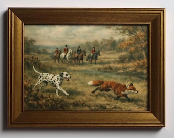 Impresión artística de caza del zorro de inspiración vintage de 5 x 7: escena ecuestre de caballo y perro dálmata