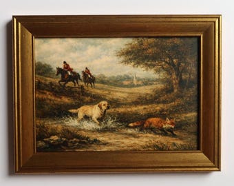 Lámina artística de caza del zorro de inspiración vintage, 5x7 pulgadas: escena de caballo ecuestre y perro labrador amarillo.