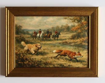 Impresión artística de caza del zorro de inspiración vintage de 5 x 7: escena ecuestre con caballo y perro golden retriever