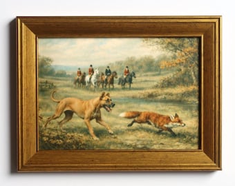 Lámina artística de caza del zorro de inspiración vintage, 5x7 pulgadas: escena ecuestre con caballo y gran danés.