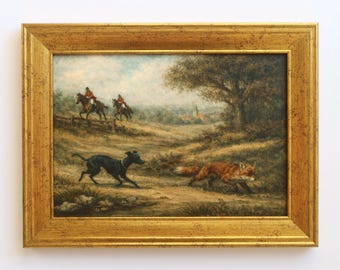 Lámina artística de caza del zorro de inspiración vintage, 5x7 pulgadas: escena ecuestre con caballo y galgo italiano.