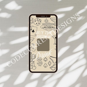 Könnte beinhalten: Ein Handyhüllen-Design mit Las Vegas-Thema. Die Hülle zeigt Würfel, Spielkarten, Kirschen, Dollarzeichen und den Text "Welcome to Fabulous Las Vegas Nevada". Der Satz "Buy the Bride a Drink" ist ebenfalls enthalten.