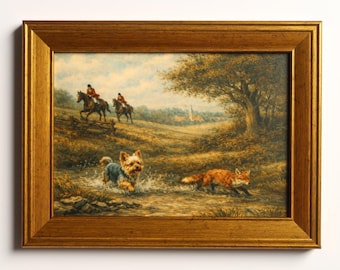 Lámina artística de caza del zorro de inspiración vintage, 5x7 pulgadas: escena ecuestre con caballo y perro Yorkshire Terrier.