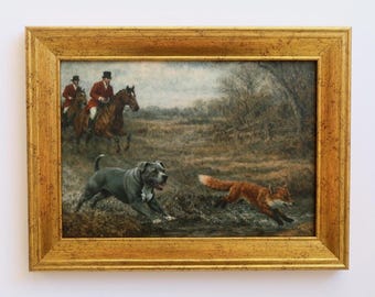Lámina artística de caza de zorros de inspiración vintage, 5x7 pulgadas: escena ecuestre con caballo y perro pitbull terrier.