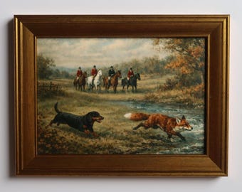 Lámina artística de caza de zorros de inspiración vintage, 5x7 pulgadas: Escena ecuestre de caballo y perro salchicha.