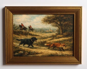 Impresión artística de caza del zorro de inspiración vintage de 5 x 7: escena de caballo ecuestre y labrador negro