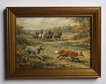 Impresión artística de caza del zorro de inspiración vintage de 5 x 7: escena ecuestre de caballo y perro Weimaraner