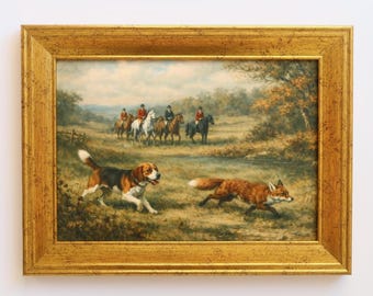 Lámina artística de caza del zorro de inspiración vintage, 5x7 pulgadas: Escena ecuestre de caballo y perro beagle.