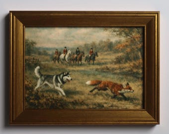 Impresión artística de caza del zorro de inspiración vintage de 5 x 7: escena ecuestre de caballo y perro husky siberiano