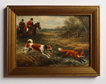 Impresión artística de caza del zorro de inspiración vintage de 5 x 7: escena ecuestre con caballo y perro de Canaán