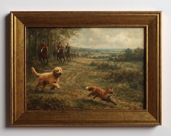 Lámina artística de caza del zorro de inspiración vintage, 5x7 pulgadas: escena ecuestre con caballo y perro Goldendoodle.