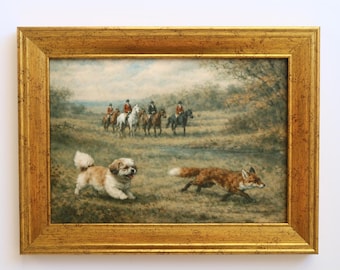Lámina artística de caza del zorro de inspiración vintage, 5x7 pulgadas: escena ecuestre con caballo y perro Shih Tzu.