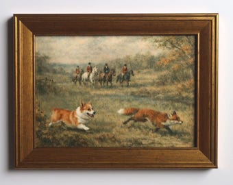 Lámina artística de caza del zorro de inspiración vintage, 5x7 pulgadas: escena ecuestre con caballo y perro Welsh Corgi.
