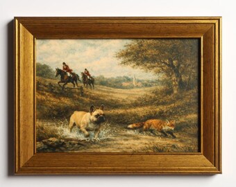 Lámina artística de caza de zorros de inspiración vintage de 5x7 pulgadas: escena ecuestre con caballo y bulldog francés.