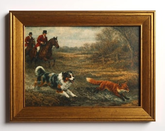Lámina artística de caza del zorro de inspiración vintage, 5x7 pulgadas: escena ecuestre con caballo y perro pastor australiano.