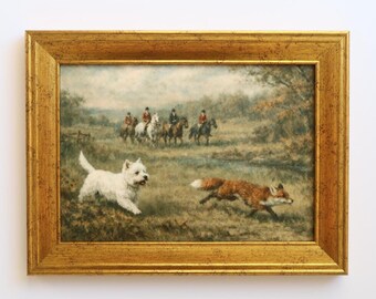 Lámina artística de caza del zorro de inspiración vintage, 5x7 pulgadas: escena ecuestre con caballo y perro West Highland Scottish Terrier.