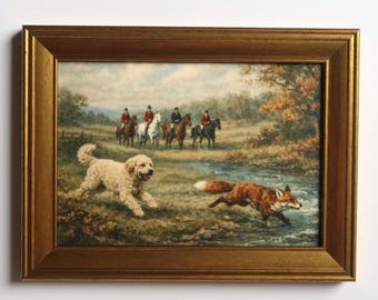 Impresión artística de caza del zorro de inspiración vintage de 5 x 7: escena ecuestre con caballo y goldendoodle