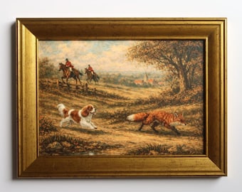 Lámina artística de caza del zorro de inspiración vintage, 5x7 pulgadas: Escena de caballo y perro Cavalier King Charles Spaniel.