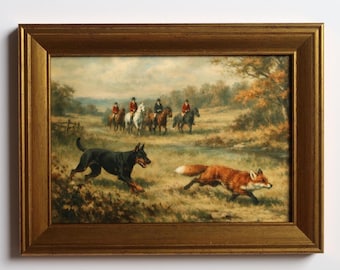 Lámina artística de caza del zorro de inspiración vintage, 5x7 pulgadas: escena ecuestre con caballo y perro dóberman.