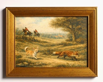 Lámina artística de caza de zorros de inspiración vintage, 5x7 pulgadas: escena ecuestre de caballo y perro chihuahua.